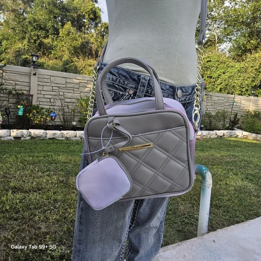 BETSEY JOHNSON QUILTED GREY n MULTI COLOR SQUARE LUV BETSEY SATCHEL w/POUCH